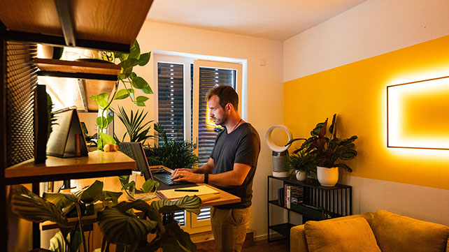 Man working at a standing desk in a modern home office with plants and a vibrant yellow accent wall.